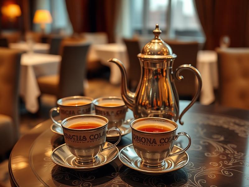 Tea served in cups with a teapot at a hotel restaurant table