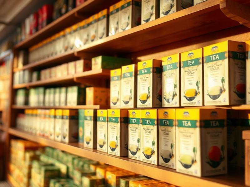 Packaged tea boxes on retail shop shelves
