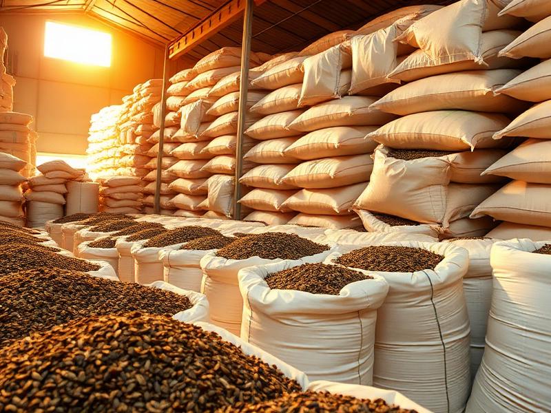 Bulk sacks of loose CTC tea leaves in a warehouse